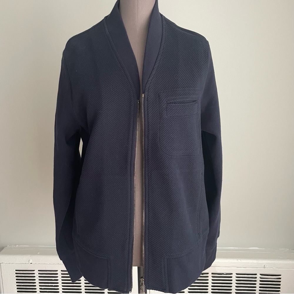 Georgio Armani navy double zippered v-neck jacket